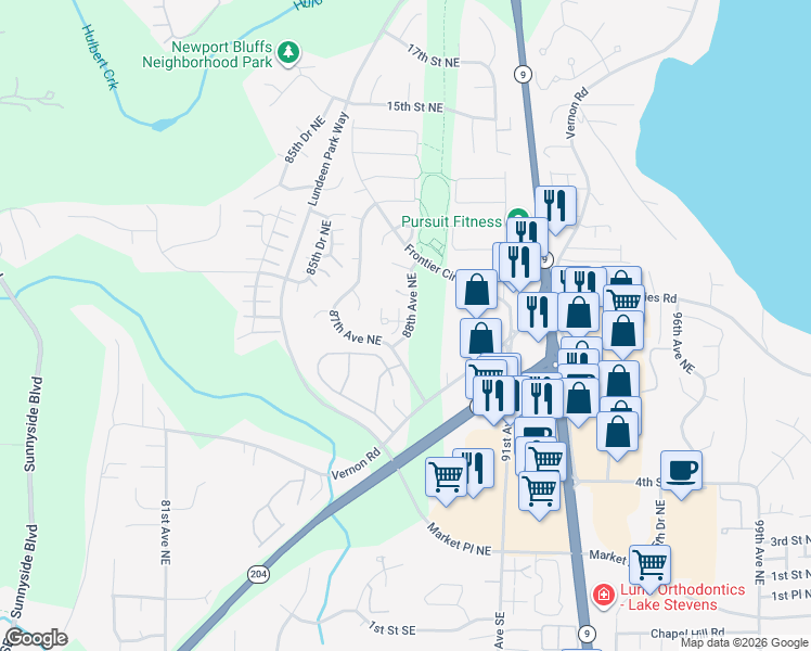 map of restaurants, bars, coffee shops, grocery stores, and more near 832 88th Avenue Northeast in Lake Stevens