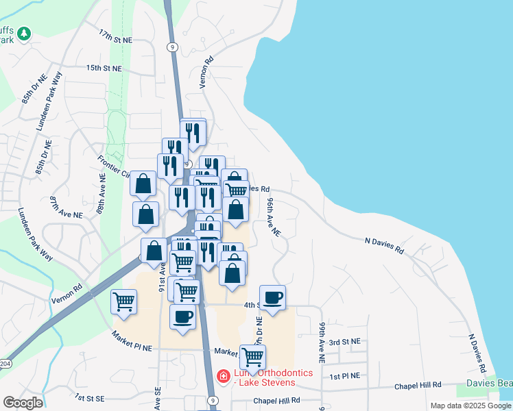 map of restaurants, bars, coffee shops, grocery stores, and more near 9520 North Davies Road in Lake Stevens