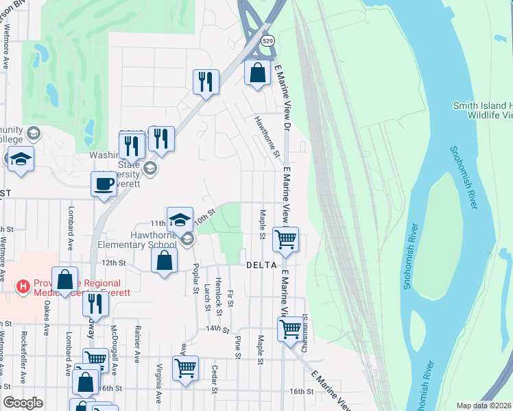 map of restaurants, bars, coffee shops, grocery stores, and more near 929 Pine Street in Everett
