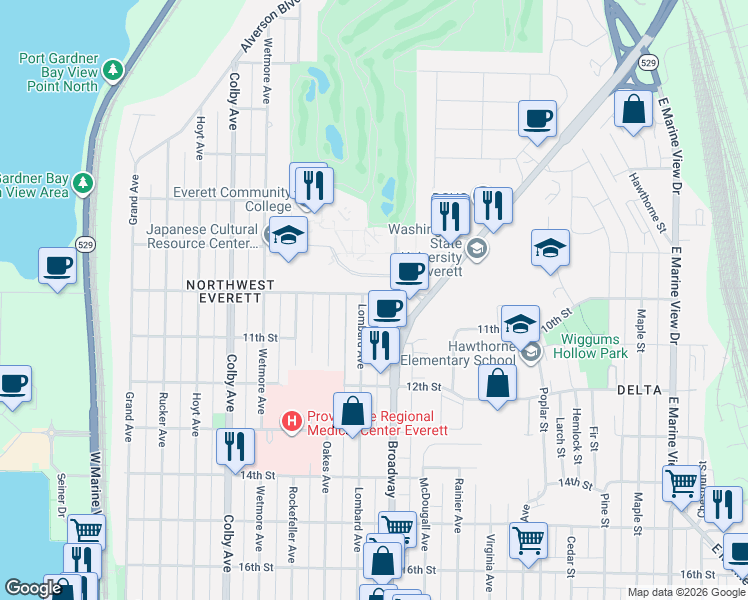 map of restaurants, bars, coffee shops, grocery stores, and more near 2010 10th Street in Everett