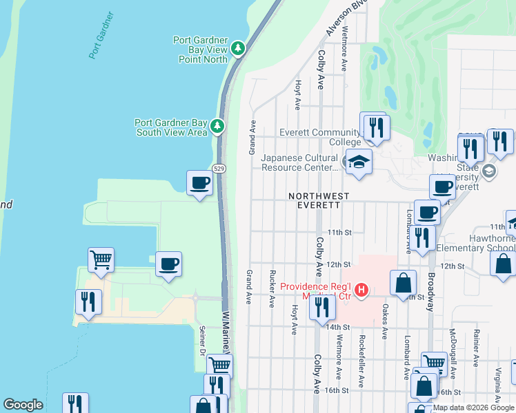 map of restaurants, bars, coffee shops, grocery stores, and more near 1005 Grand Avenue in Everett