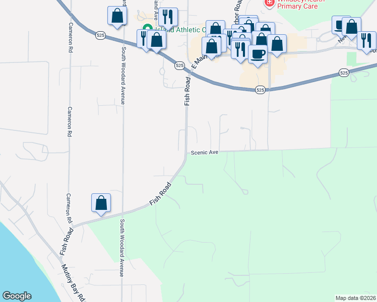 map of restaurants, bars, coffee shops, grocery stores, and more near 5678 Fish Road in Freeland
