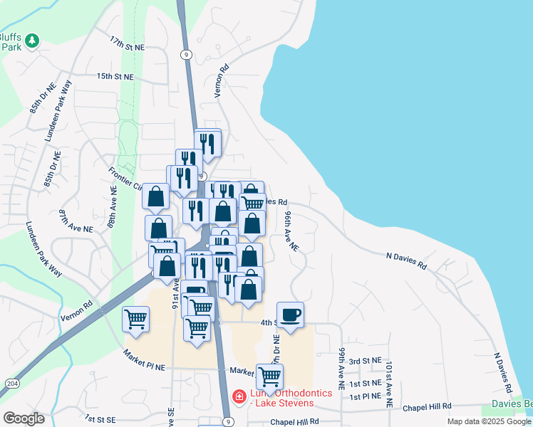 map of restaurants, bars, coffee shops, grocery stores, and more near 9504 North Davies Road in Lake Stevens
