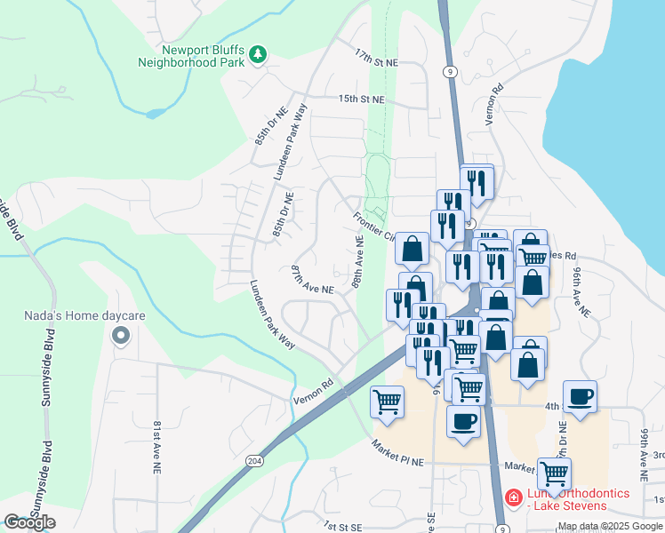 map of restaurants, bars, coffee shops, grocery stores, and more near 8703 8th Place Northeast in Lake Stevens
