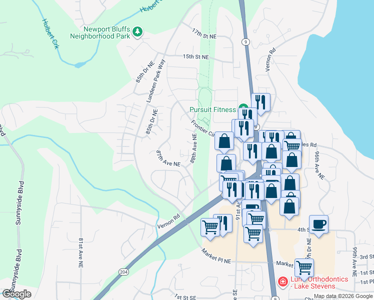 map of restaurants, bars, coffee shops, grocery stores, and more near 832 88th Avenue Northeast in Lake Stevens
