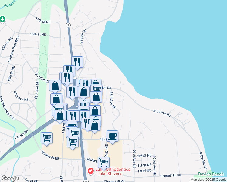 map of restaurants, bars, coffee shops, grocery stores, and more near 9621 9th Street Northeast in Lake Stevens