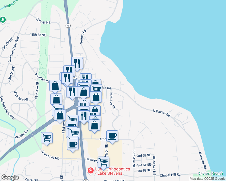 map of restaurants, bars, coffee shops, grocery stores, and more near 9621 9th Street Northeast in Lake Stevens