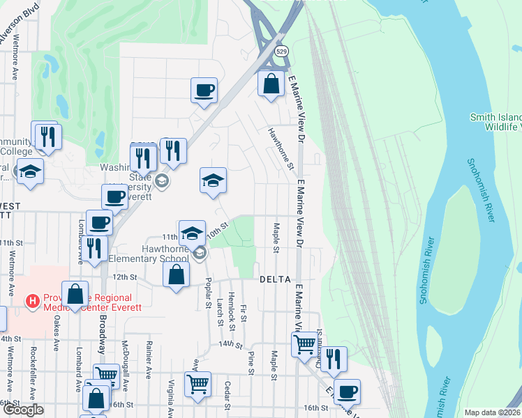 map of restaurants, bars, coffee shops, grocery stores, and more near 929 Pine Street in Everett