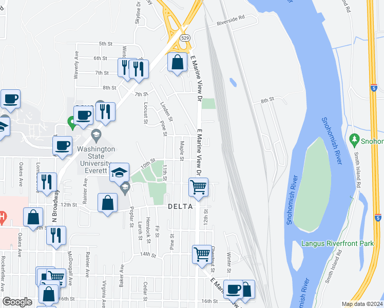 map of restaurants, bars, coffee shops, grocery stores, and more near 926 East Marine View Drive in Everett