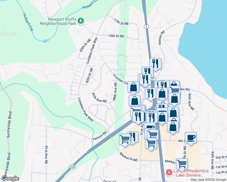 map of restaurants, bars, coffee shops, grocery stores, and more near 832 88th Avenue Northeast in Lake Stevens