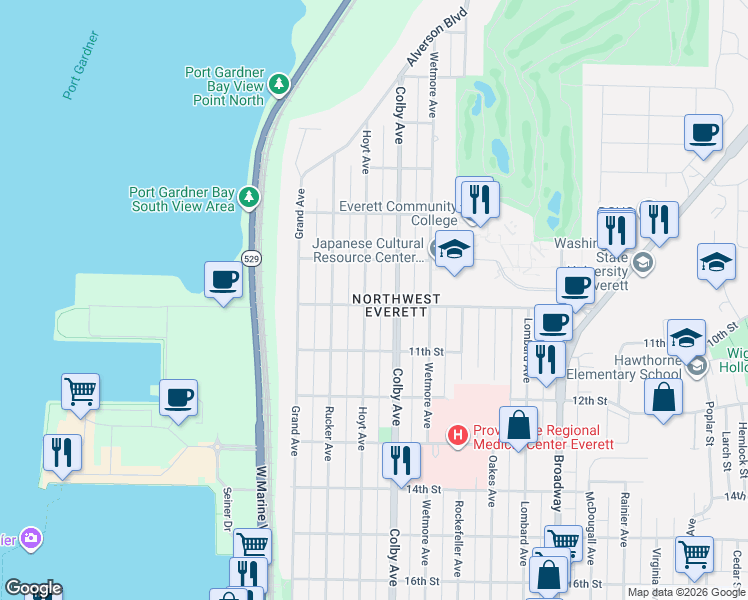 map of restaurants, bars, coffee shops, grocery stores, and more near 931 Hoyt Avenue in Everett