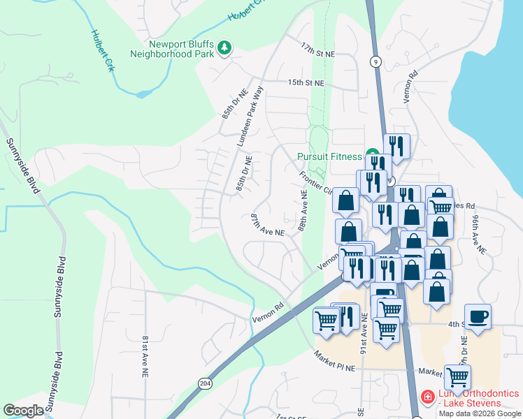 map of restaurants, bars, coffee shops, grocery stores, and more near 903 87th Avenue Northeast in Lake Stevens