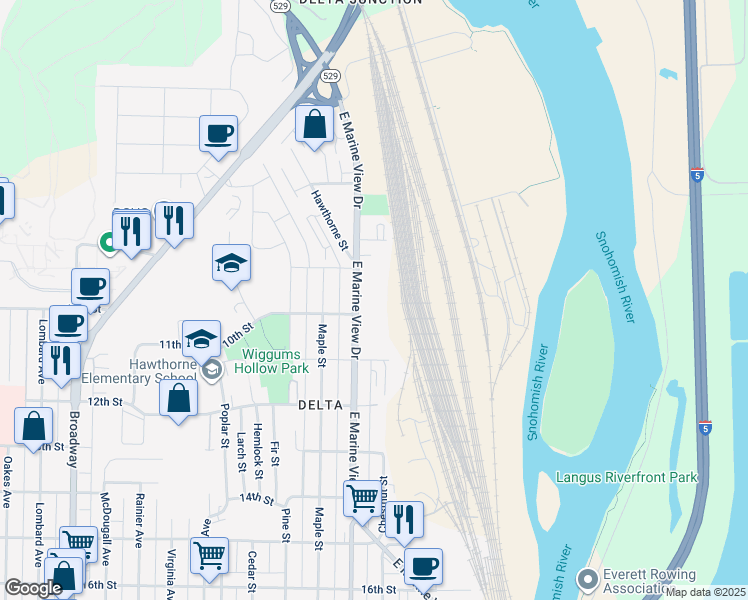map of restaurants, bars, coffee shops, grocery stores, and more near 923 East Marine View Drive in Everett