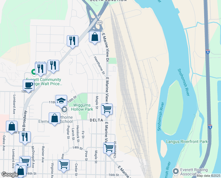 map of restaurants, bars, coffee shops, grocery stores, and more near 923 East Marine View Drive in Everett