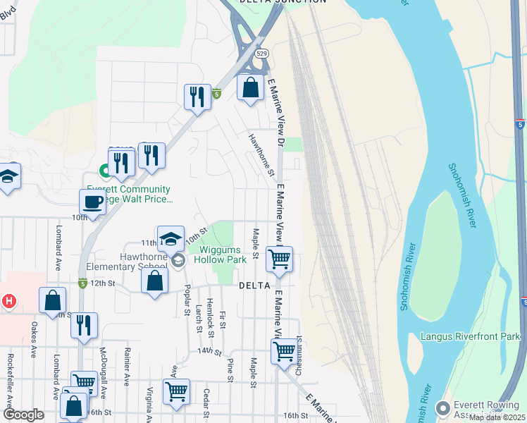 map of restaurants, bars, coffee shops, grocery stores, and more near 923 Maple Street in Everett