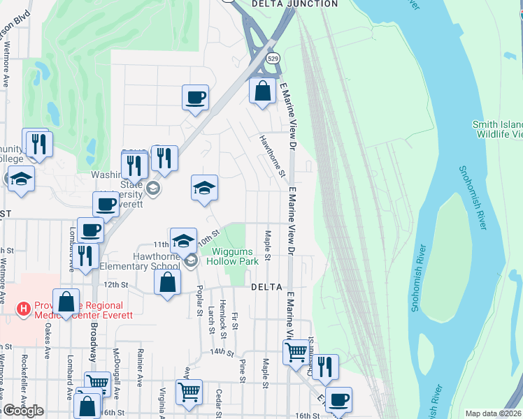 map of restaurants, bars, coffee shops, grocery stores, and more near 918 Maple Street in Everett