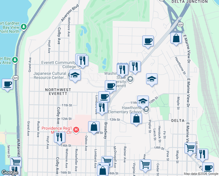 map of restaurants, bars, coffee shops, grocery stores, and more near 825 Broadway in Everett