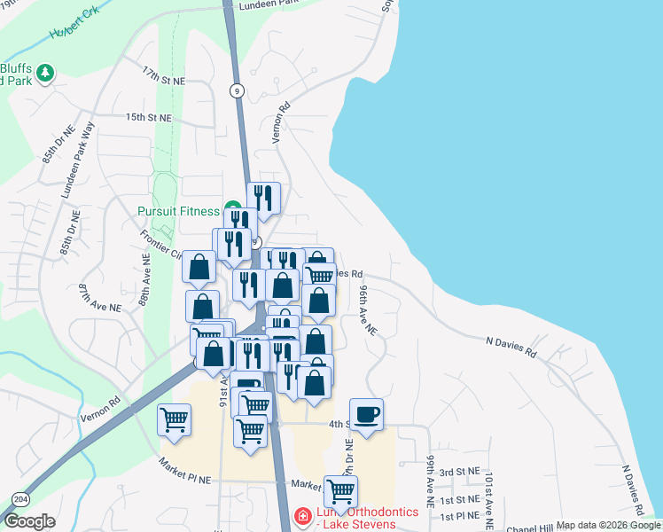 map of restaurants, bars, coffee shops, grocery stores, and more near 9429 North Davies Road in Lake Stevens