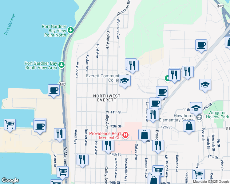 map of restaurants, bars, coffee shops, grocery stores, and more near 920 Wetmore Avenue in Everett