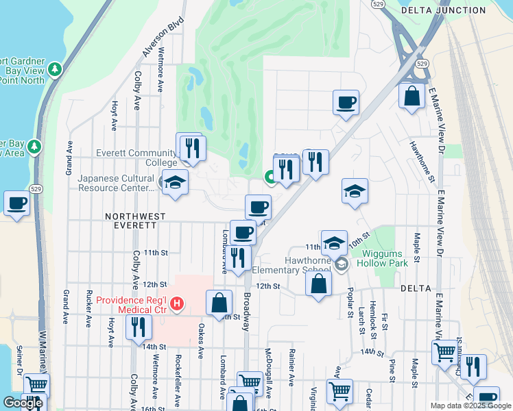 map of restaurants, bars, coffee shops, grocery stores, and more near 915 Broadway in Everett