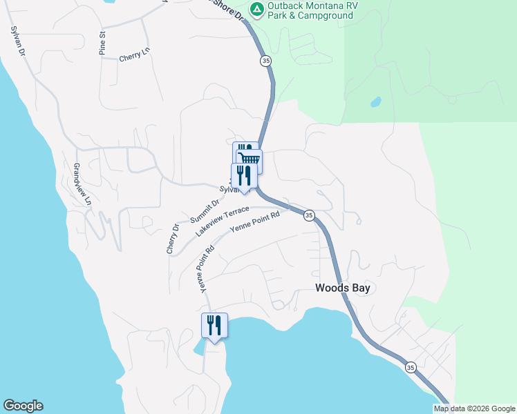 map of restaurants, bars, coffee shops, grocery stores, and more near 30-254 Yenne Point Road in Bigfork