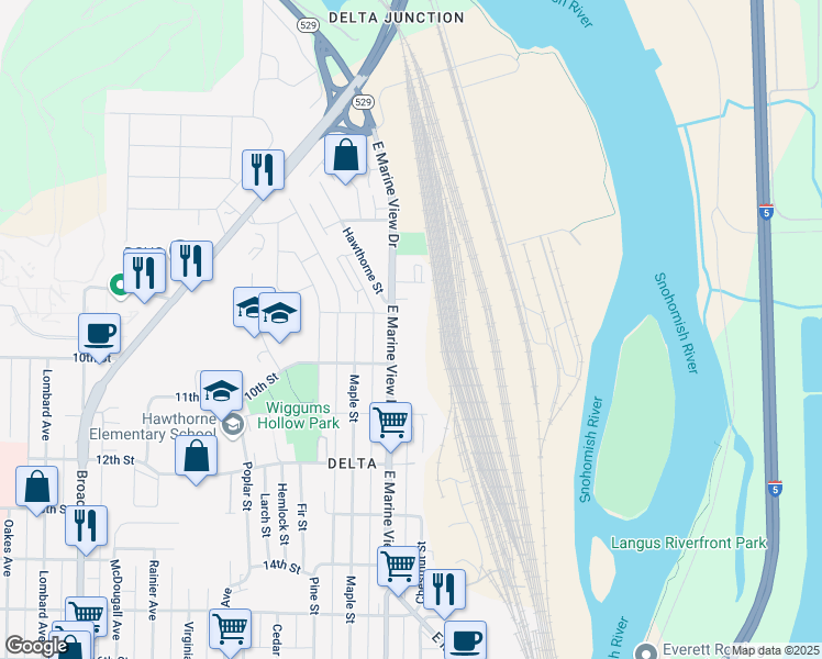 map of restaurants, bars, coffee shops, grocery stores, and more near 923 East Marine View Drive in Everett