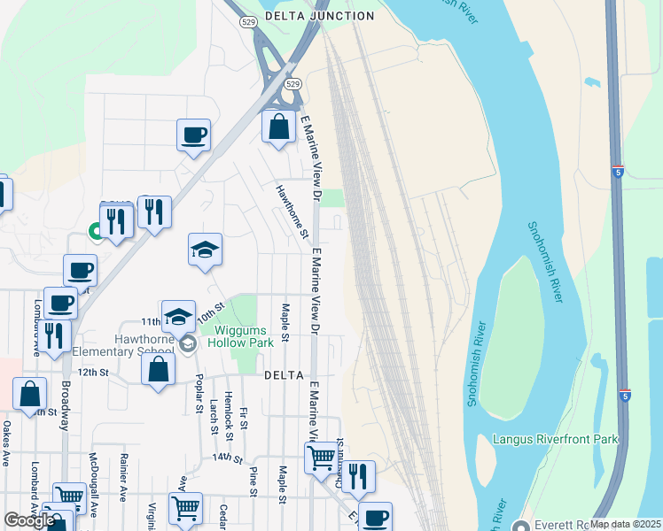 map of restaurants, bars, coffee shops, grocery stores, and more near 923 East Marine View Drive in Everett