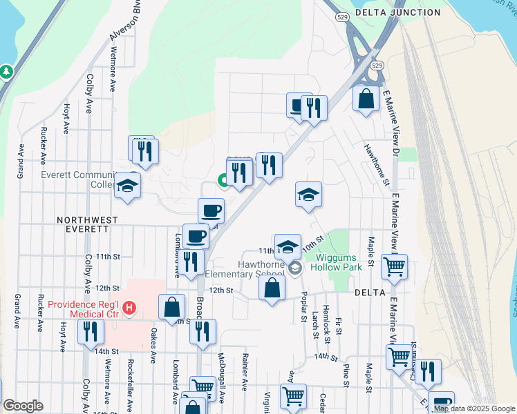 map of restaurants, bars, coffee shops, grocery stores, and more near 915 Broadway in Everett