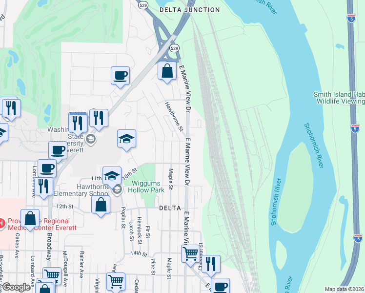 map of restaurants, bars, coffee shops, grocery stores, and more near 923 Maple Street in Everett
