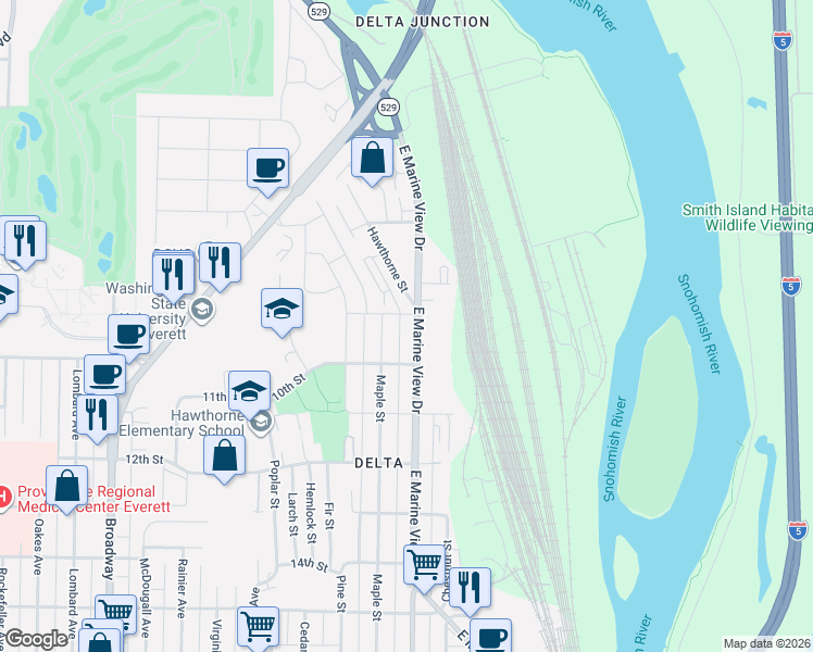 map of restaurants, bars, coffee shops, grocery stores, and more near 906 East Marine View Drive in Everett
