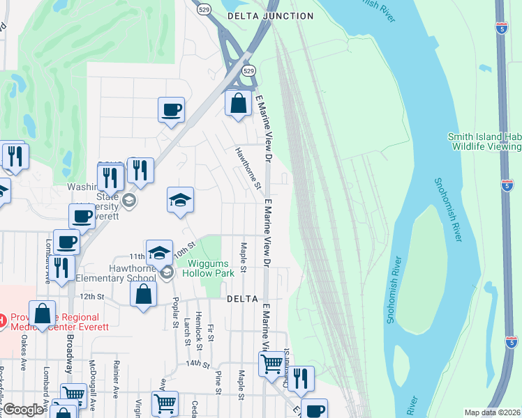 map of restaurants, bars, coffee shops, grocery stores, and more near 923 Maple Street in Everett