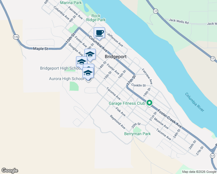 map of restaurants, bars, coffee shops, grocery stores, and more near 1630 Tacoma Avenue in Bridgeport