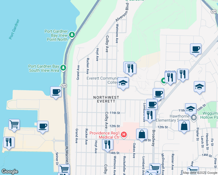 map of restaurants, bars, coffee shops, grocery stores, and more near 901 Colby Avenue in Everett