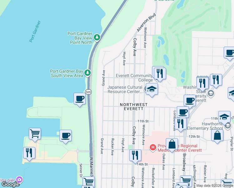 map of restaurants, bars, coffee shops, grocery stores, and more near 826 Rucker Avenue in Everett