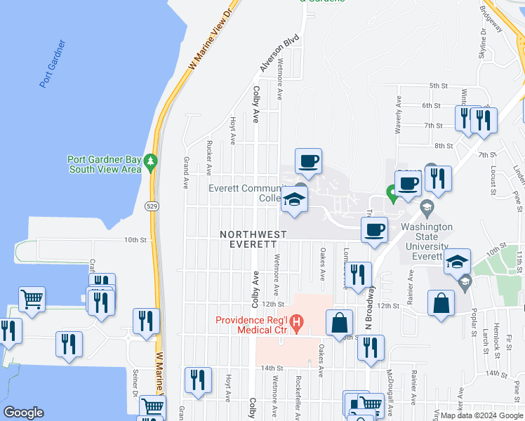 map of restaurants, bars, coffee shops, grocery stores, and more near 826 Colby Avenue in Everett