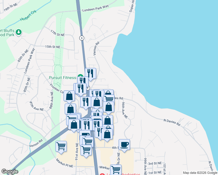 map of restaurants, bars, coffee shops, grocery stores, and more near 1011 94th Drive Northeast in Lake Stevens