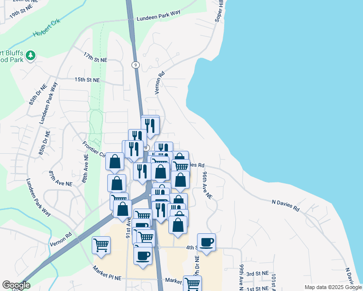 map of restaurants, bars, coffee shops, grocery stores, and more near 1019 94th Drive Northeast in Lake Stevens