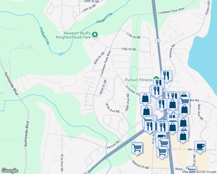 map of restaurants, bars, coffee shops, grocery stores, and more near 1103 86th Avenue Northeast in Lake Stevens
