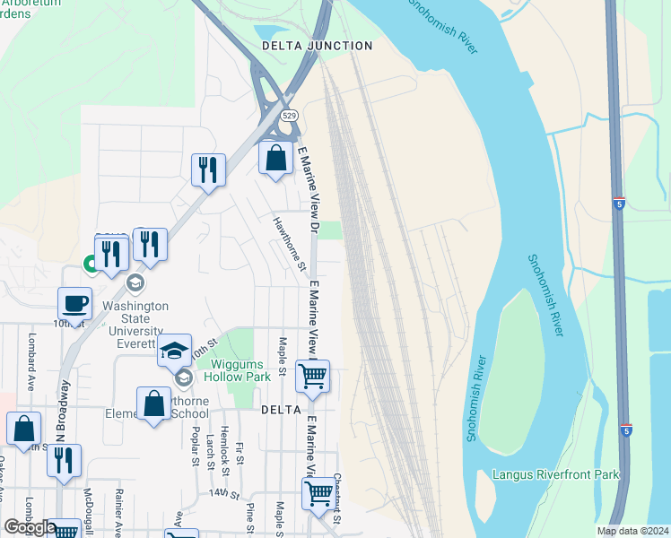 map of restaurants, bars, coffee shops, grocery stores, and more near 3106 8th Street in Everett