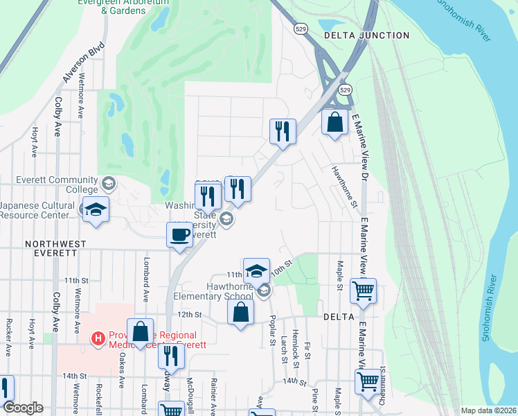 map of restaurants, bars, coffee shops, grocery stores, and more near 819 North Broadway in Everett