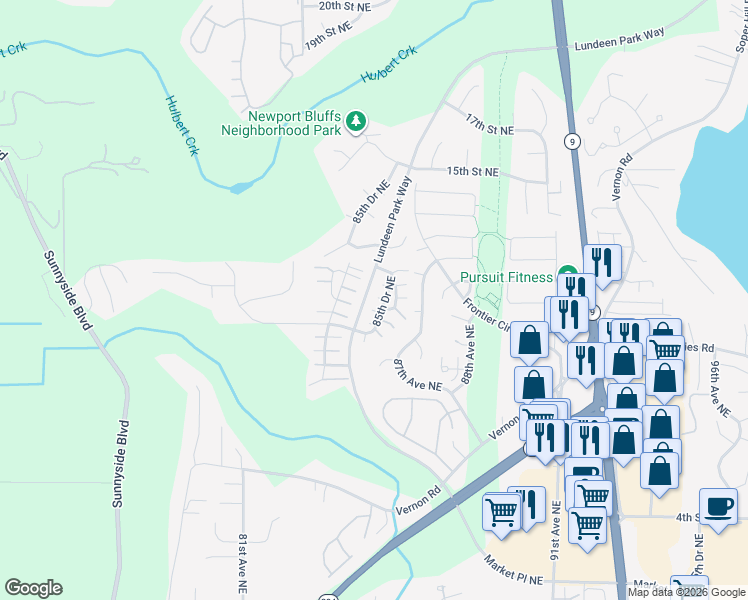 map of restaurants, bars, coffee shops, grocery stores, and more near 1028 85th Drive Northeast in Lake Stevens