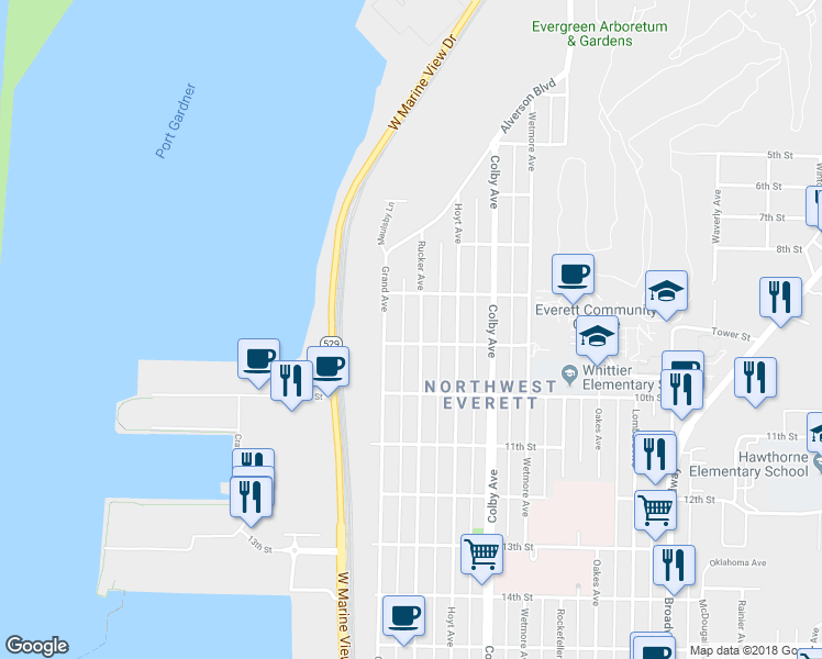 map of restaurants, bars, coffee shops, grocery stores, and more near 826 Rucker Avenue in Everett