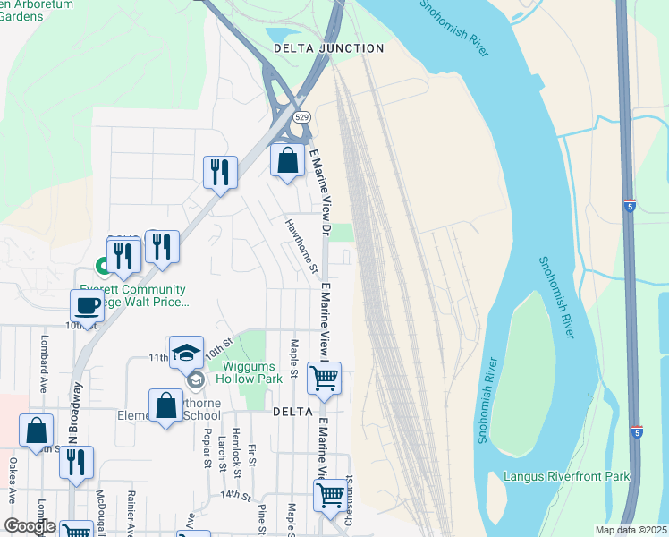 map of restaurants, bars, coffee shops, grocery stores, and more near 3106 8th Street in Everett