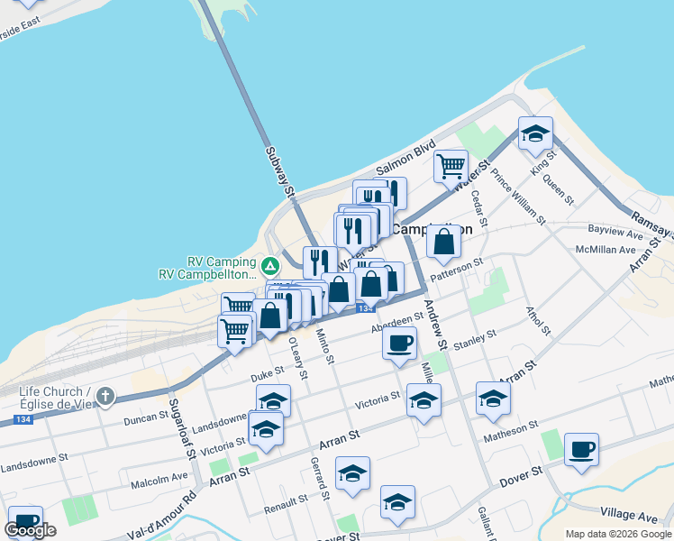 map of restaurants, bars, coffee shops, grocery stores, and more near Water Street in Campbellton