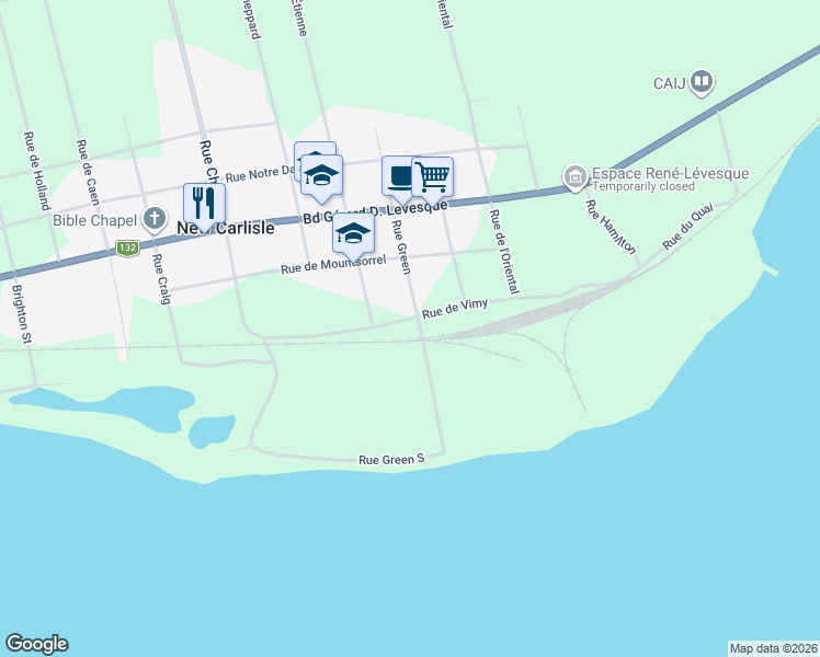 map of restaurants, bars, coffee shops, grocery stores, and more near 34 Rue de Vimy in New Carlisle