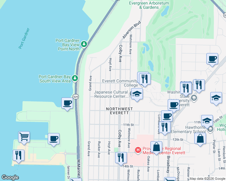 map of restaurants, bars, coffee shops, grocery stores, and more near 815 Hoyt Avenue in Everett