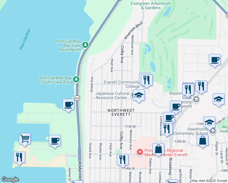 map of restaurants, bars, coffee shops, grocery stores, and more near 815 Hoyt Avenue in Everett