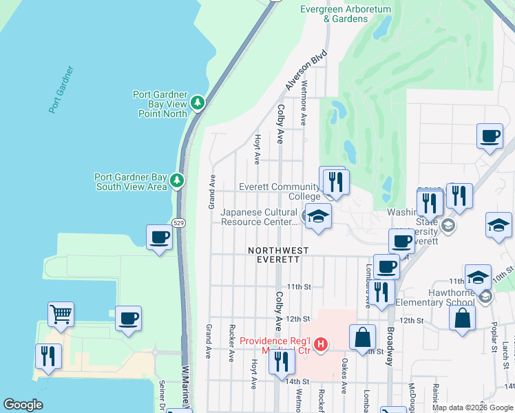 map of restaurants, bars, coffee shops, grocery stores, and more near 813 Hoyt Avenue in Everett