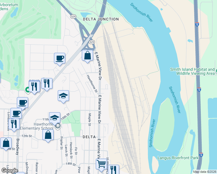 map of restaurants, bars, coffee shops, grocery stores, and more near 3121 8th Street in Everett