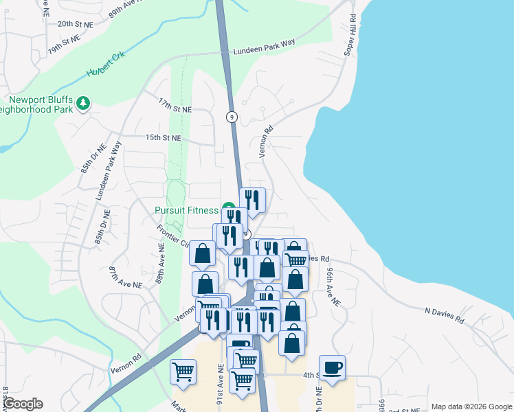 map of restaurants, bars, coffee shops, grocery stores, and more near 1220 Vernon Road in Lake Stevens